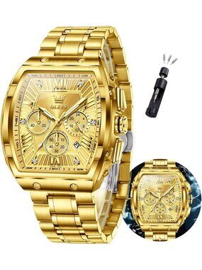 Men's Gold Chronograph Rectangle Stainless Steel Luminous Quartz Classic Watch